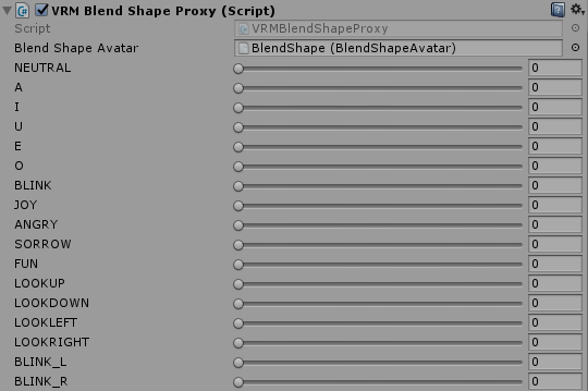 実行時のVRMBlendShapeProxyのインスペクタ。Editorをプレイ状態にすると表示されます