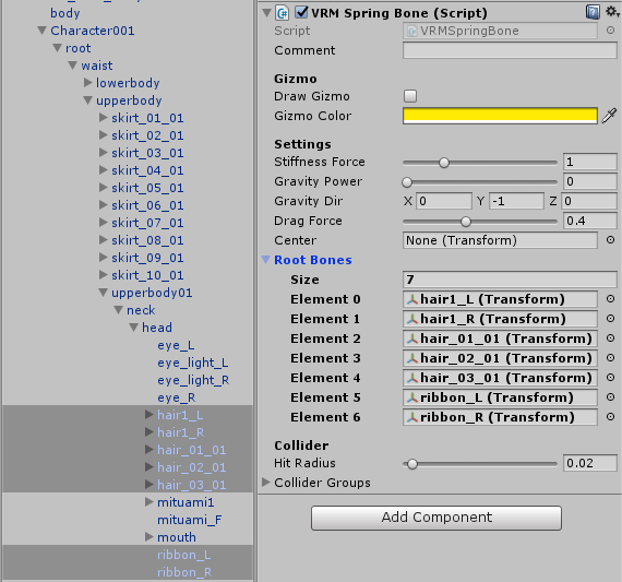 Example: Set the hair and ribbon in Root Bones