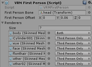 Alicia&#39;s Body is set as Both, while the parts related to Head are set as ThirdPersonOnly.